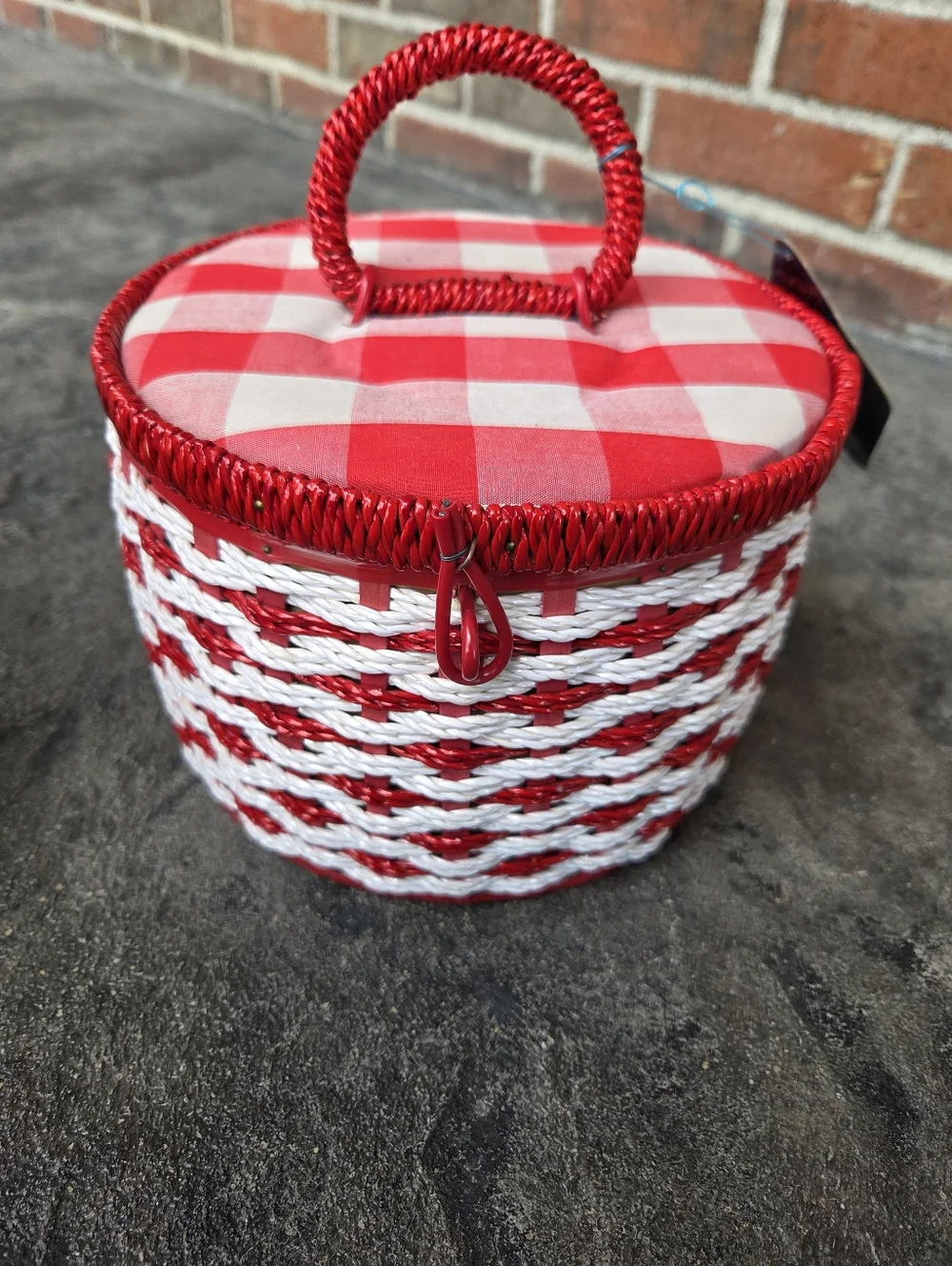Vintage JCPenney Red and White Woven Sewing Basket with Gingham Lid